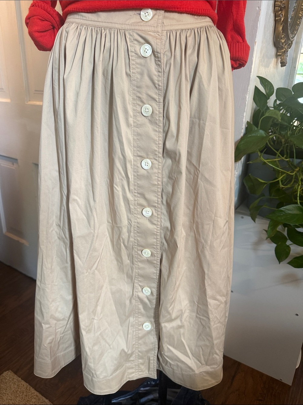 Lauren Ralph Lauren Tan Gathered Button Up Full Midi Skirt Sz 8 - Picture 3 of 8